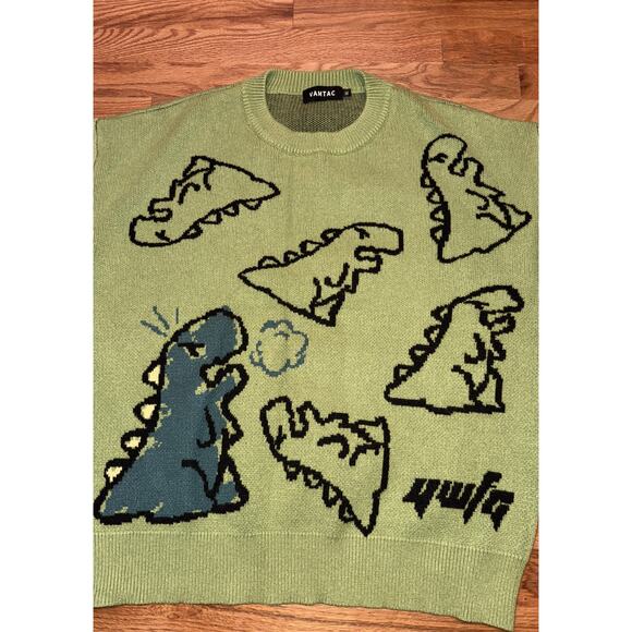 VAMTAC Dinosaur Knit Crew Sweater Unisex Size XL Green Cartoon Pattern - Picture 3 of 6
